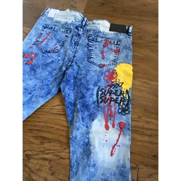 Rue 21 Premium Men's Jeans Blue Design Patch Distressed Skinny Fit Denim Jean - Picture 5 of 6